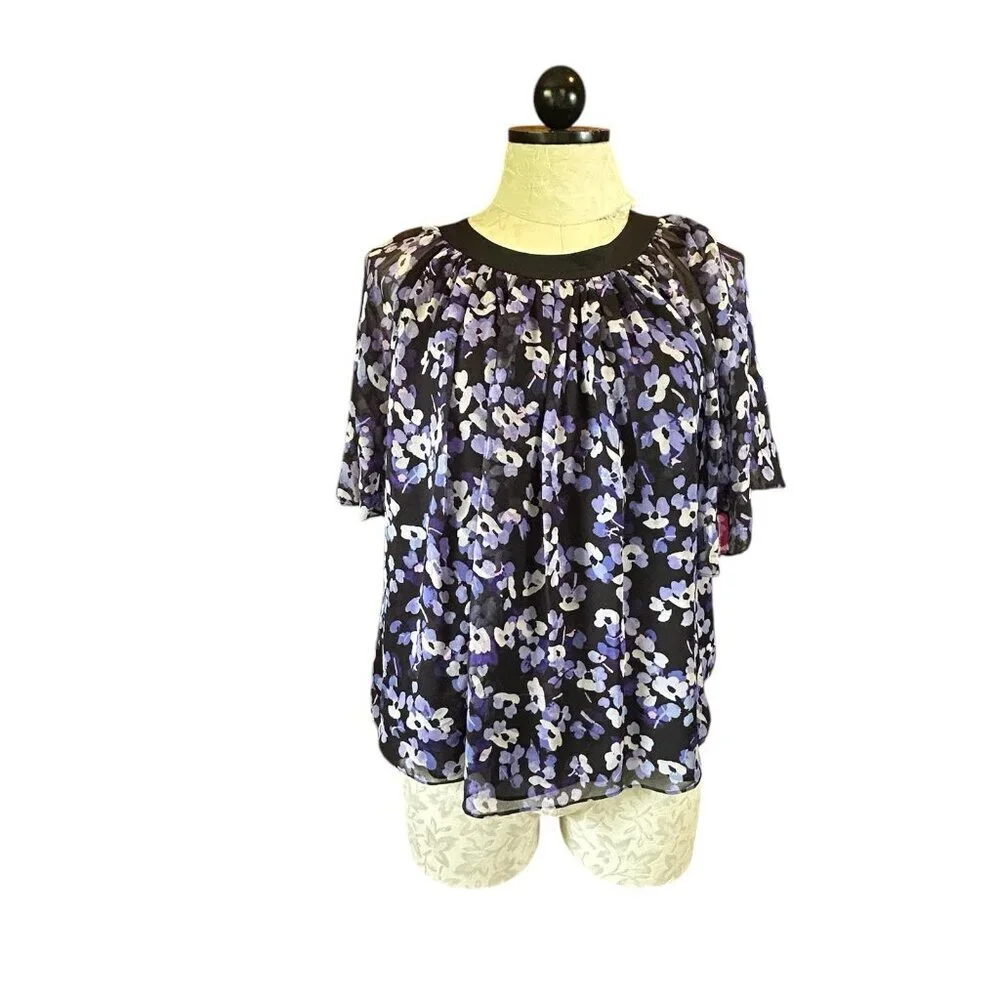 kate Spade New York Hydrangea Silk Chiffon Floral Swing Top S Purple‎ & Black